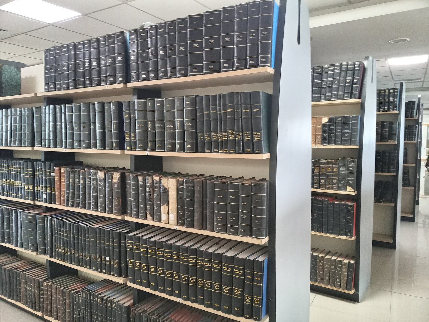 Library shelving packed with rows of dark bound journal volumes.